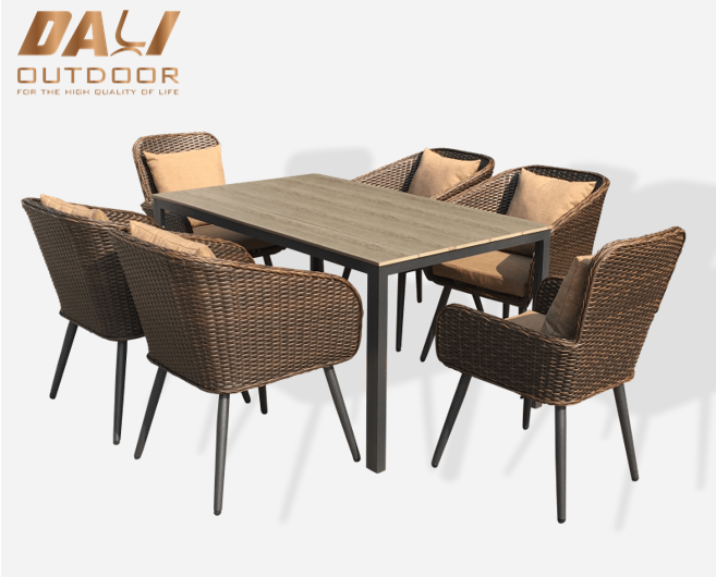 Set de masă și scaune de exterior de 7 bucăți de gamă superioară Mobilier de grădină din ratan pentru sufragerie